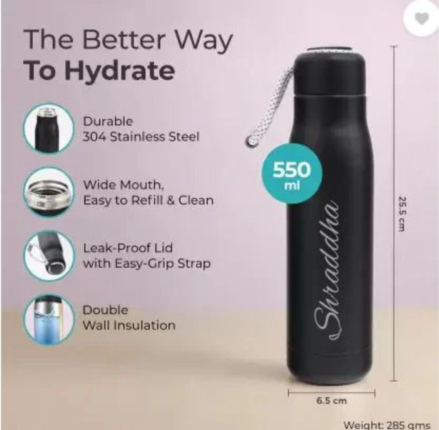 Customized Water Bottle with Name Stainless Steel Vacuum Insulated Water Bottle, Thermal Flask, Thermos Coffee Travel Mug, Double Walled Metal Tumbler, Keeps Cold And Hot, Leak-proof Lid 550ml